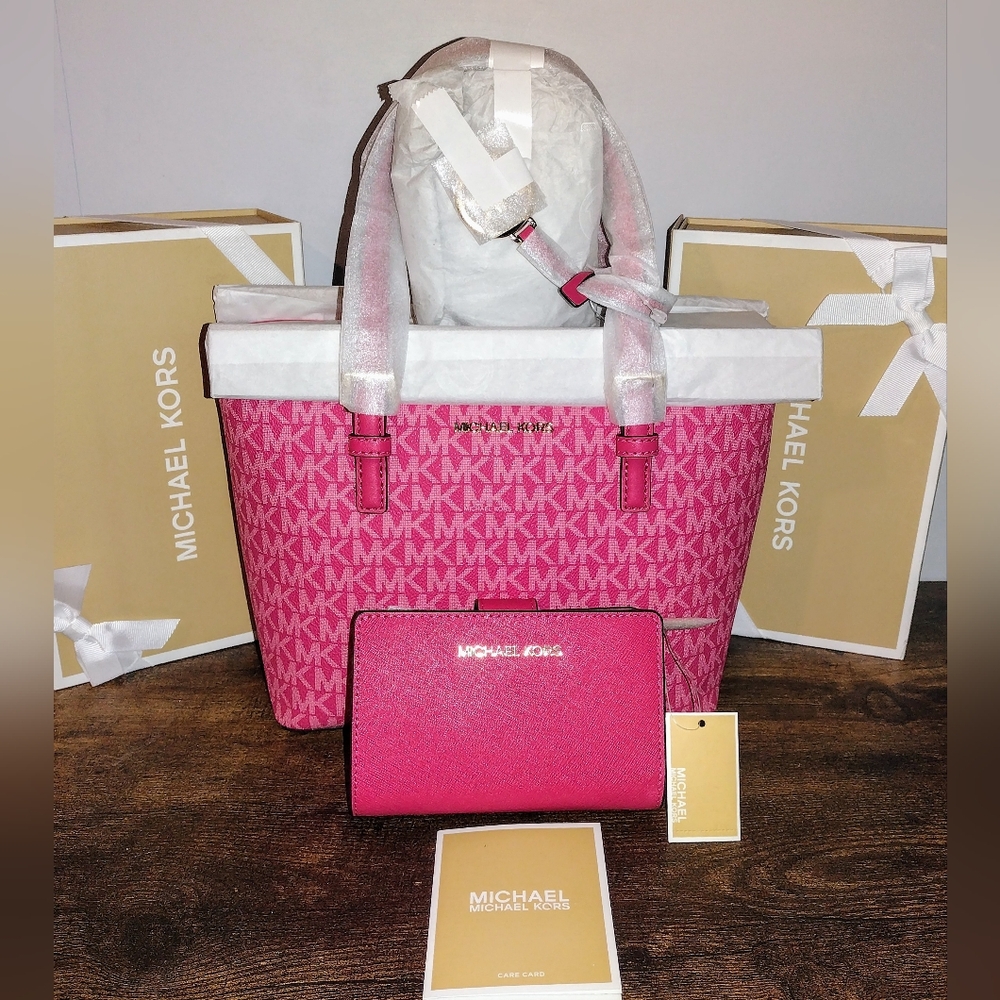 NEW Michael Kors ⚡Electric Pink⚡ Jet Set Tote AND MD Cross-grain Wallet Set